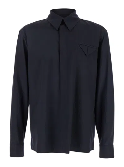 Bottega Veneta Blue Shirt With Classic Collar And Triangular Pocket On The Front In Wool Man In Multicolor