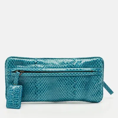 Pre-owned Bottega Veneta Blue Snakeskin Double Zip Clutch