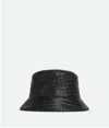 Bottega Veneta Black Bucket Hat With Metal Eyelets And Intreccio Motif In Leather Man In Black