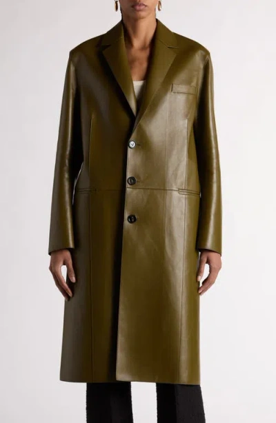 Bottega Veneta Bonded Leather Coat In Olive Oil
