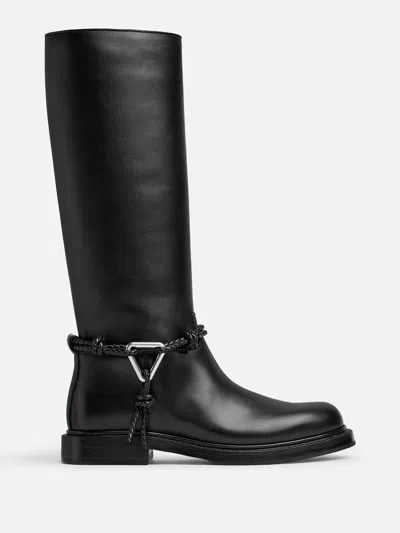 Bottega Veneta Knee High Boot Braided Strap Detail In Black