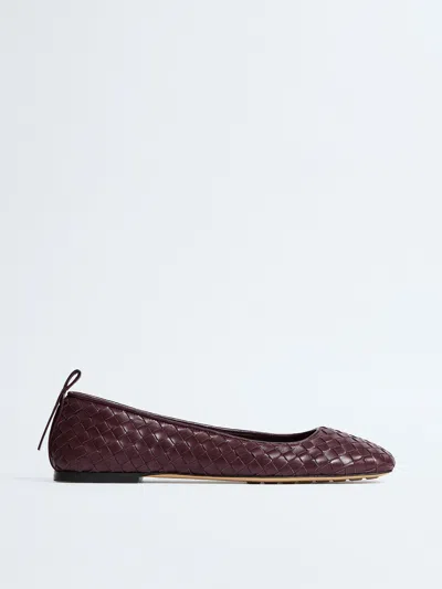 Bottega Veneta Braided Leather Ballerina Flat With Square Toe And Back Loop Detail In Burgundy