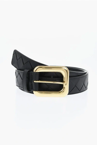 Bottega Veneta Braided Leather Belt With Golden Effect Buckle 40mm In Black