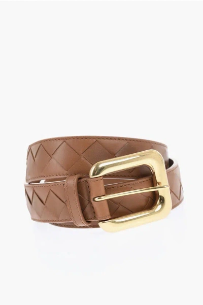 Bottega Veneta Braided Leather Belt With Golden Effect Buckle 40mm In Brown
