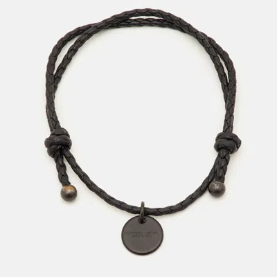 Pre-owned Bottega Veneta Braided Leather Gunmetal Tone Adjustable Bracelet In Black
