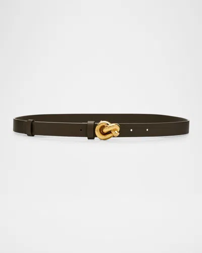 Bottega Veneta Brass Knot Skinny Leather Belt In Kaki Brass