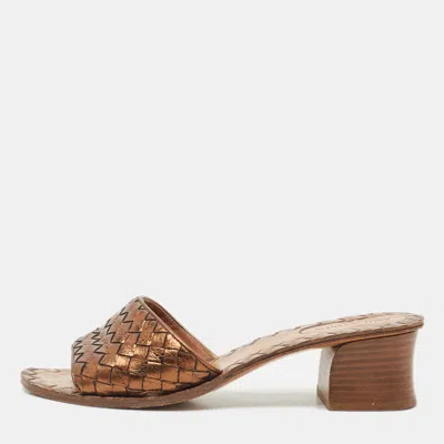 Pre-owned Bottega Veneta Bronze Intreciato Leather Slide Sandals Size 38