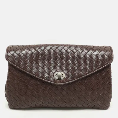 Pre-owned Bottega Veneta Brown Intrecciato Karung Leather Clutch