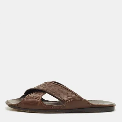 Pre-owned Bottega Veneta Brown Intrecciato Leather Crisscross Flat Slide Size 40