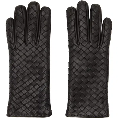 Bottega Veneta Brown Intrecciato Leather Gloves In Black