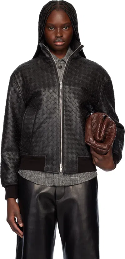 Bottega Veneta Brown Jacket With High Neck And All-over Intrecciato Motif In Leather Woman