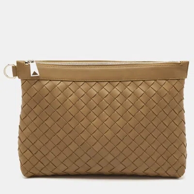 Pre-owned Bottega Veneta Brown Intrecciato Leather Oversized Zip Pouch