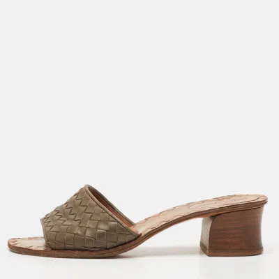 Pre-owned Bottega Veneta Brown Intrecciato Leather Ravello Slide Sandals Size 37.5