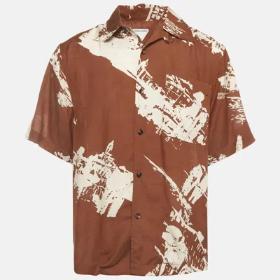Pre-owned Bottega Veneta Brown Italian Postcard Print Silk Blend Bowling Shirt M