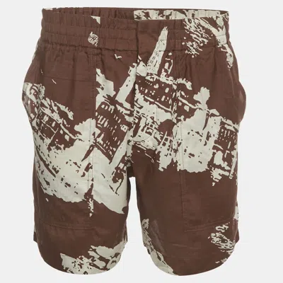 Pre-owned Bottega Veneta Brown Italian Postcard Print Silk Blend Shorts S