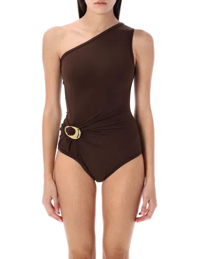 BOTTEGA VENETA WOMEN BROWN ONE-SHOULDER SWIMSUIT, M LUXURY SWIMWEAR FOR WOMEN DARVEYS