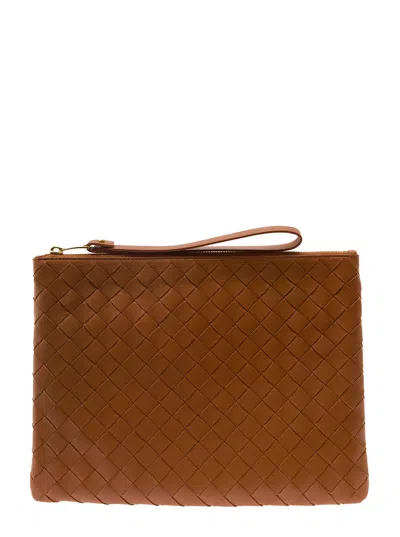 Bottega Veneta Brown Pouch With Wrist Strap In Intreccio Leather Woman