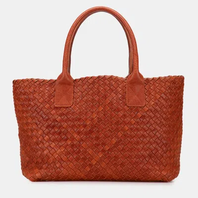 Pre-owned Bottega Veneta Brown Small Lambskin Intreccio Cabat Tote