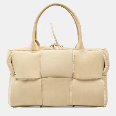 Pre-owned Bottega Veneta Brown Small Suede And Shearling Maxi Intrecciato Arco Tote