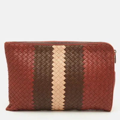Pre-owned Bottega Veneta Brown/beige Intrecciato Leather Zip Pouch Clutch