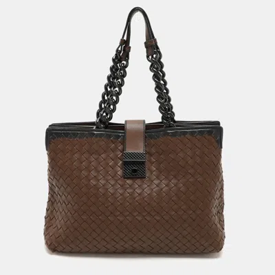 Pre-owned Bottega Veneta Brown/black Intrecciato Leather And Karung Chain Tote