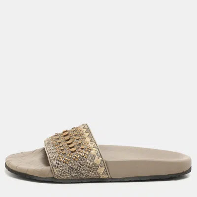 Pre-owned Bottega Veneta Brown/grey Python Embellished Flat Slides Size 37