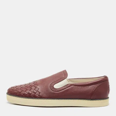 Pre-owned Bottega Veneta Burgundy Intrecciato Leather Dodger Slip On Sneakers Size 40