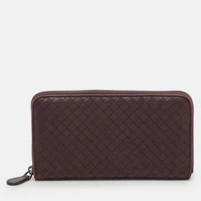 Pre-owned Bottega Veneta Burgundy Intrecciato Leather Zip Around Continental Wallet