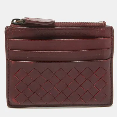Pre-owned Bottega Veneta Burgundy Intrecciato Leather Zip Card Holder