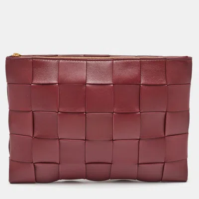 Pre-owned Bottega Veneta Burgundy Intreccio Leather Cassette Flat Pouch