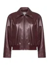 Bottega Veneta Women Bordeaux Crop Jacket With Intreccio Motif Collar And Dropped Shoulders In Leath In Burgundy