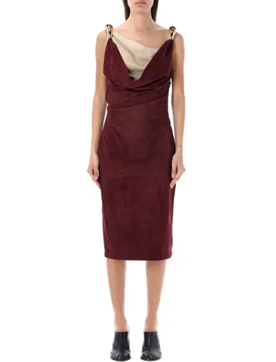 Bottega Veneta Burgundy/beige Fluid Suede Midi Dress For Women In Maroon