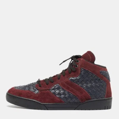 Pre-owned Bottega Veneta Burgundy/navy Blue Suede And Intrecciato Leather High Top Sneakers Size 44.5