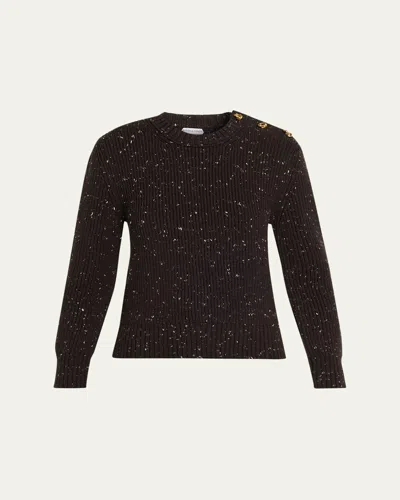 Bottega Veneta Button-shoulder Speckled Rib Crewneck Sweater In Brown