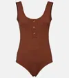 Bottega Veneta Button Detail Swimsuit In Brown