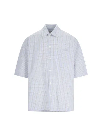 Bottega Veneta Bv Embroidered Check Overshirt In Pale Blue Burgundy