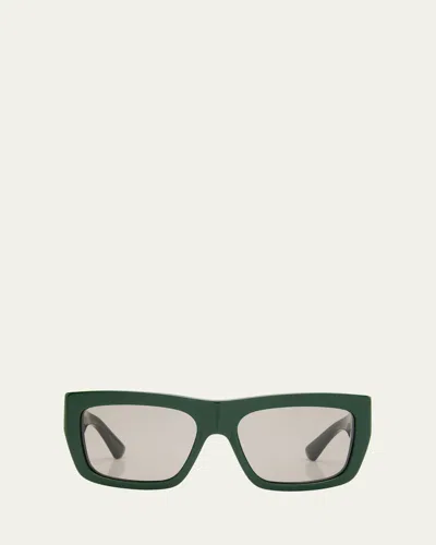 Bottega Veneta Acetate & Metal Rectangle Sunglasses In Shiny Solid Dark Green