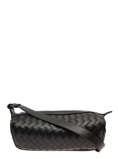 Bottega Veneta 'cannolo' Black Crossbody Bag With Intreccio Motif In Leather Man In Multicolor