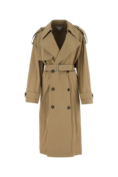 Bottega Veneta Double Breasted Long Trench Coat In Beige O Tan