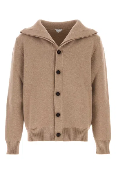 Bottega Veneta Wool Cardigan With Folded Collar And Ribbed Cuffs In Brown