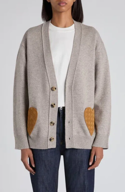 Bottega Veneta Cashmere Blend Cardigan With Intrecciato Suede Hearts In Gray