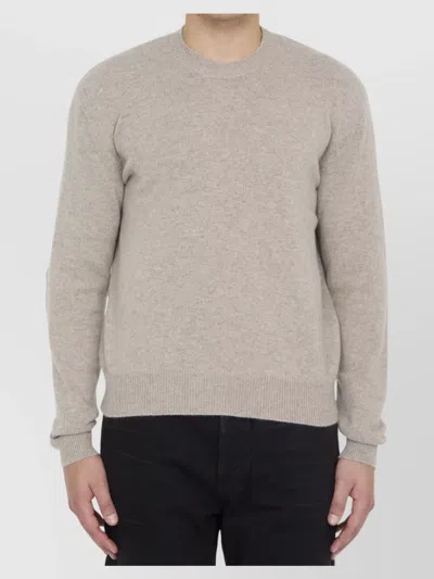 Bottega Veneta Cashmere Crewneck Jumper With Leather Elbow Patches In Gray