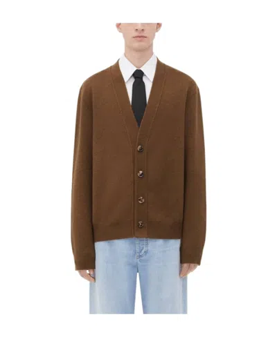 Bottega Veneta Intrecciato Leather-trimmed Cashmere-blend Cardigan In Brown