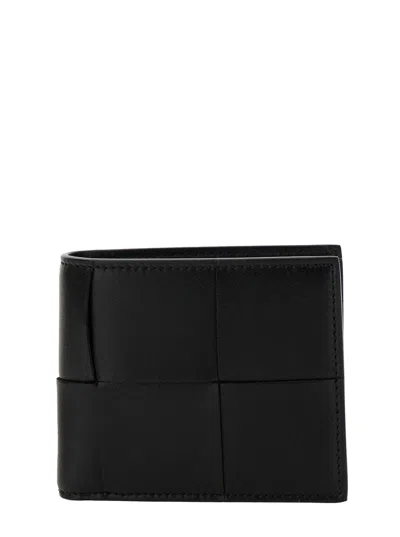 BOTTEGA VENETA BOTTEGA VENETA 'CASSETTE' BLACK BI-FOLD WALLET WITH INTRECCIO MOTIF IN LEATHER MAN