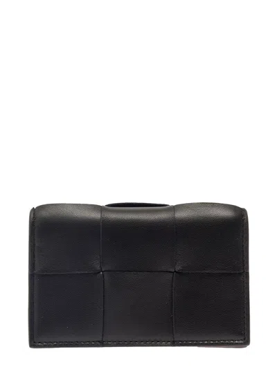 Bottega Veneta 'cassette' Black Business Card Case In Intreccio Leather Woman In Multicolor