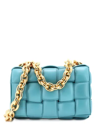 Pre-owned Bottega Veneta Cassette Chain Padded Maxi Intrecciato Leather Crossbody Bag In Blue