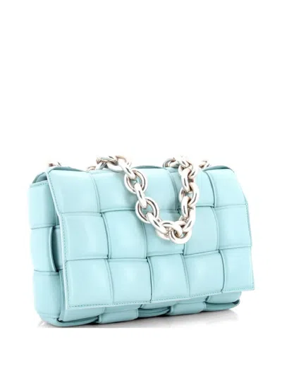 Pre-owned Bottega Veneta Cassette Chain Padded Maxi Intrecciato Leather Crossbody Bag In Blue