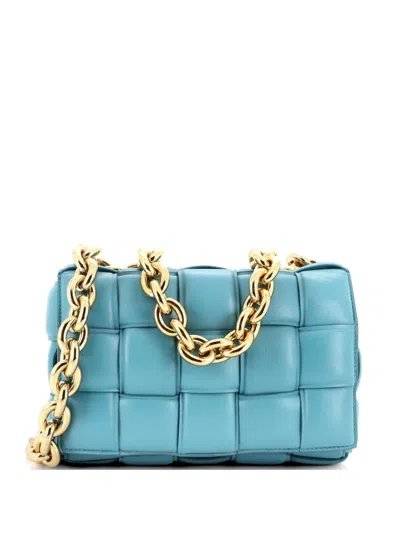 Pre-owned Bottega Veneta Cassette Chain Padded Maxi Intrecciato Leather Crossbody Bag In Blue