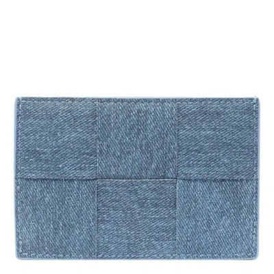 Bottega Veneta Cassette Denim Intreccio Card Case In Blue