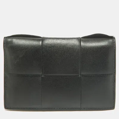 Pre-owned Bottega Veneta Cassette Flap Black Intrecciato Leather Card Case